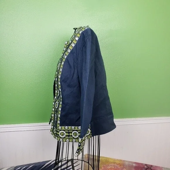 Victor Costa Womans Navy Blue Cotton Green Geometric Embroidered Jacket size sm - Picture 10 of 11